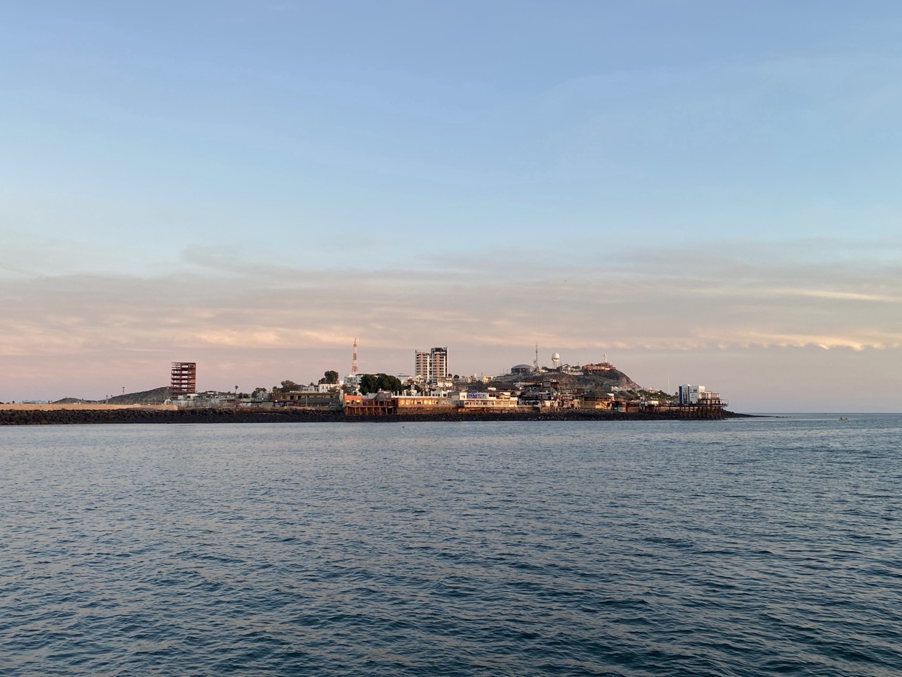Old Port and Cerro de la Ballena seen from the Sea of Cortez at golden hour